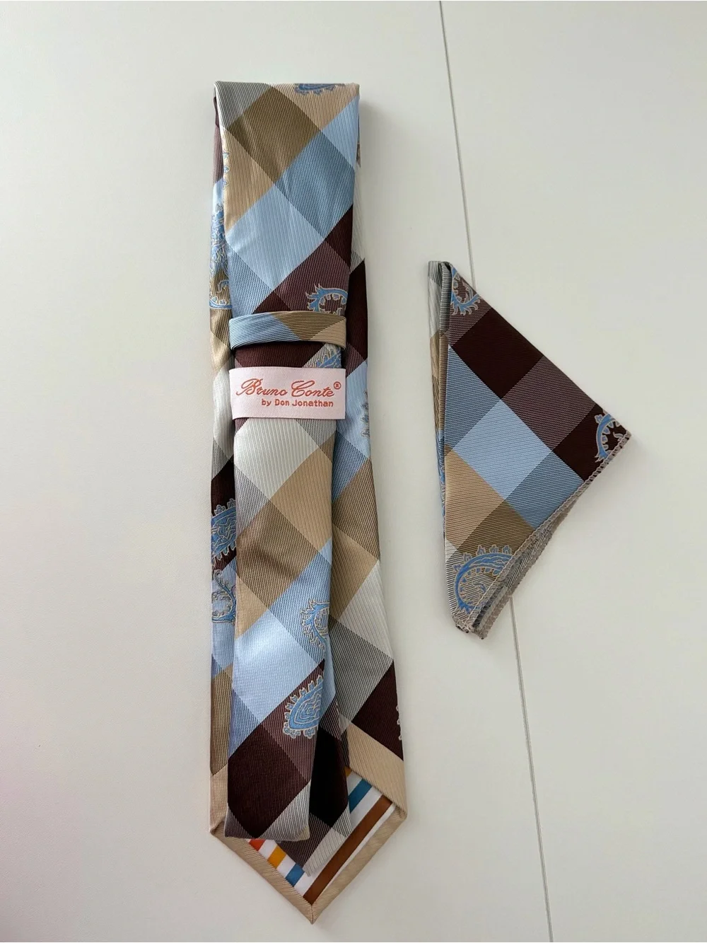 Bruno Conte by Don Jonathan Polyester Tie & Pocket Square Set Blue Plaid